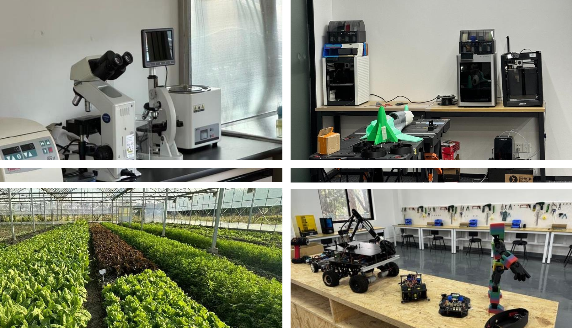 KEYA lab and farm facilities with microscopy, 3D printing, robotics and plant research spaces